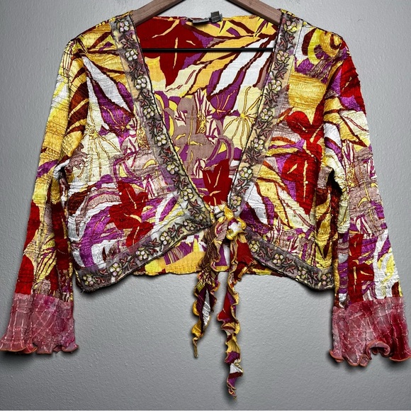 VTG Women Festival‎ Top Large Floral Tie Front Colorful Boho Fairy Retro 70s - Picture 1 of 11